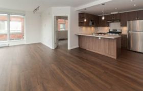 Bright kitchen with hardwood floors and stainless steel appliances, open to a spacious living area with large windows.