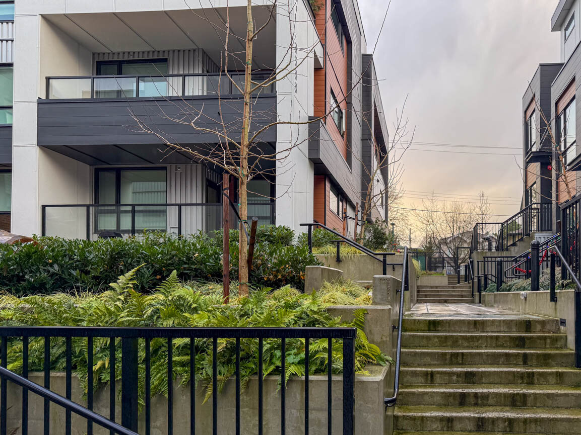 Building exterior showing a concrete stairway with black railings and lush fern landscaping beside a modern facade. - Hendry Place