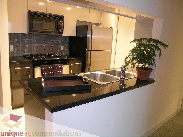 Bright kitchen with modern black countertops, stainless steel appliances, and a potted plant. - 3101 - 1408 Strathmore Mews, Vancouver Downtown