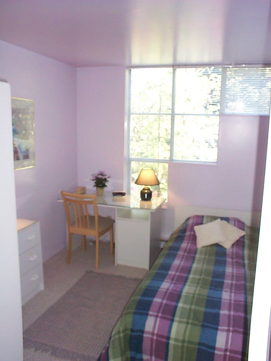 Bright bedroom with plaid bedding, desk, and window view. - 832 West 7th Avenue, Vancouver West Side