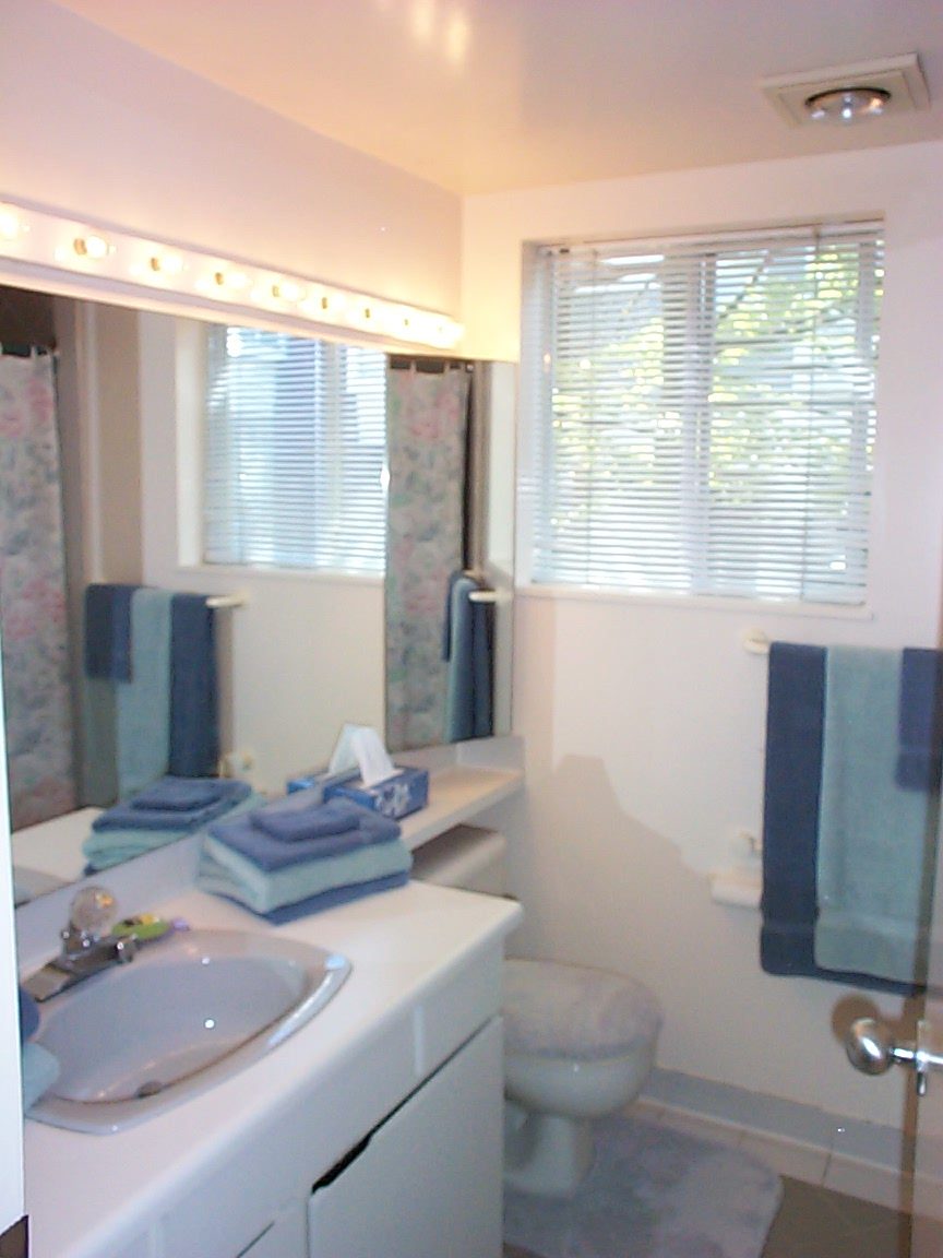 Bright bathroom with white sink, blue towels, and window blinds. - 832 West 7th Avenue, Vancouver West Side