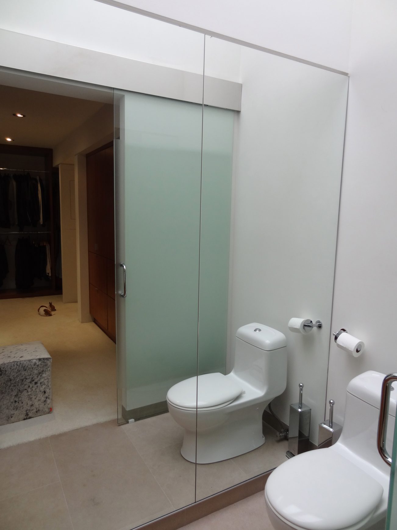 Modern bathroom with frosted glass shower and sleek toilet. - 2898 Bellevue Avenue, West Vancouver