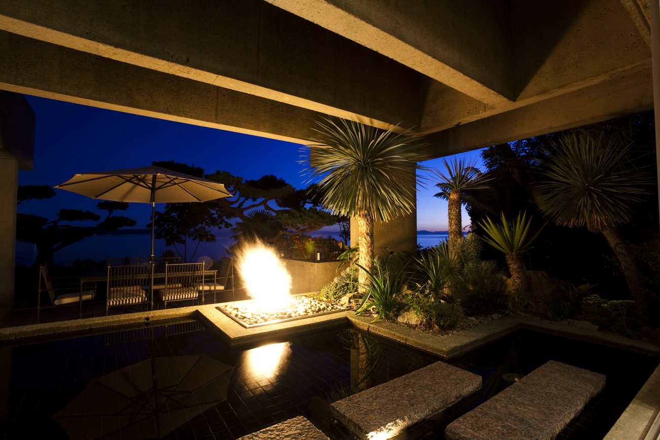 Furnished patio with fire pit and ocean view. - 2898 Bellevue Avenue, West Vancouver