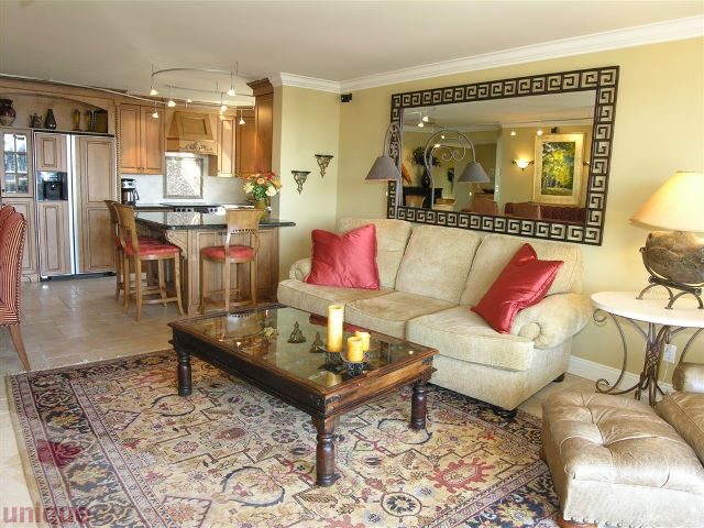Spacious living room with large mirror, plush seating, and patterned rug. - 706 - 1600 Howe Street, Vancouver Downtown