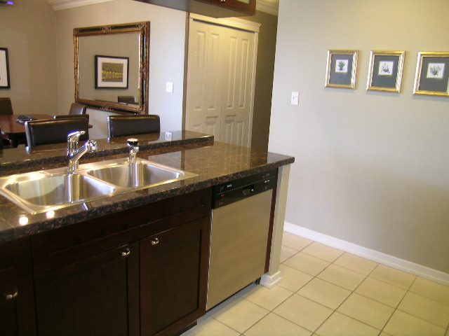 Modern kitchen with granite countertops and stainless steel appliances, perfect for a cozy downtown townhouse.