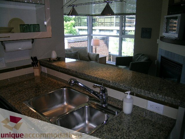 Bright kitchen with granite countertops and stainless steel sink, featuring a city view. - 707 - 1068 Hornby Street, Vancouver Downtown