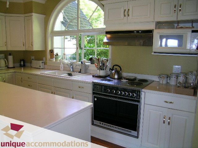 Bright kitchen with white cabinets, stainless steel appliances, and a large window offering a view of greenery. - 3664 Creery Ave., West Vancouver