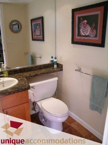 Bathroom with granite countertops, modern decor, and a large mirror. - 322 - 1228 Marinaside Crescent, Vancouver Downtown
