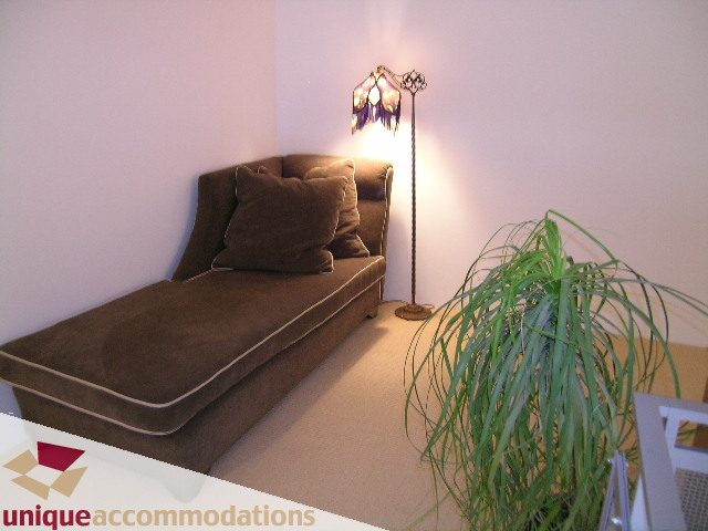 Furnished living room with brown couch, floor lamp, and green plant. - 401 - 2525 Quebec Street, Vancouver East Side