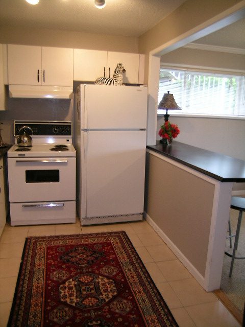 Bright kitchen with white appliances, granite countertops, and a red patterned rug. - 470 Ellis Street, North Vancouver