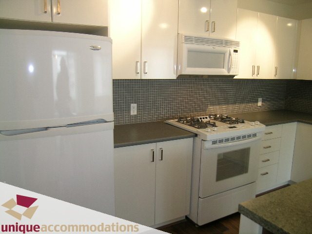 Bright kitchen with white appliances, granite countertops, and dark tiled backsplash. - 108 - 175 West 1st Street, North Vancouver
