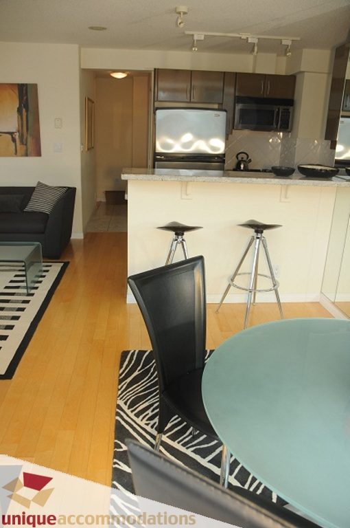 Modern kitchen with granite countertops, hardwood floors, and a cozy living area featuring a black sofa and zebra print rug.
