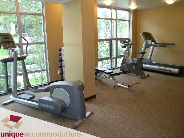 Bright gym with large windows, exercise equipment, and city view. - 2901 - 1005 Beach Avenue, Vancouver Downtown