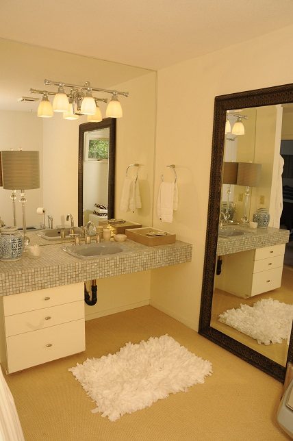 Spacious bathroom with mosaic tile countertops and a large mirror. - Guest House - 440 Stevens Drive, West Vancouver