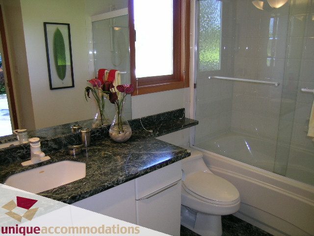 Modern bathroom with granite countertops and a glass shower enclosure. - 3967 West Broadway, Vancouver West Side