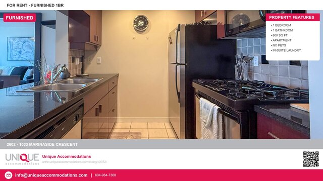 Furnished 1-bedroom kitchen with stainless steel appliances, granite countertops, and a tiled backsplash.