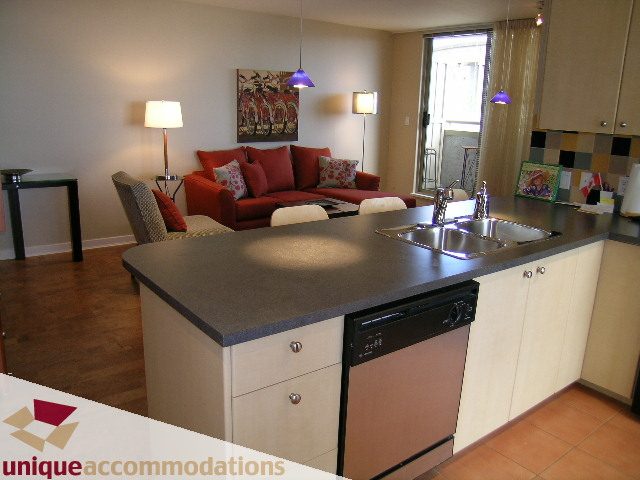 Spacious 2-bedroom condo with modern kitchen and cozy living area featuring hardwood floors and a city view.