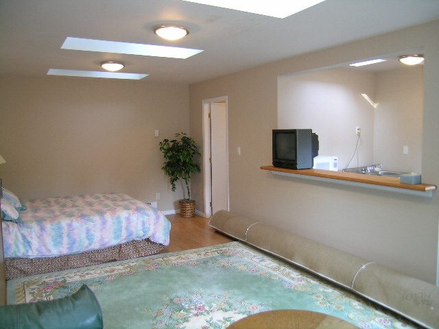 Bright living room with hardwood floors and a cozy corner sofa, featuring a small kitchenette and a potted plant. - 1250 Seymour Blvd, North Vancouver