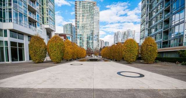 Courtyard with city view and autumn trees. - 1703-1067 Marinaside Crescent, Vancouver Downtown