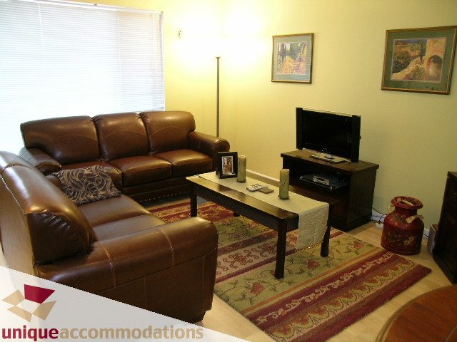 Furnished living room with brown leather couches, wooden coffee table, and flat-screen TV. - 406 - 1688 Cypress Street, Vancouver West Side