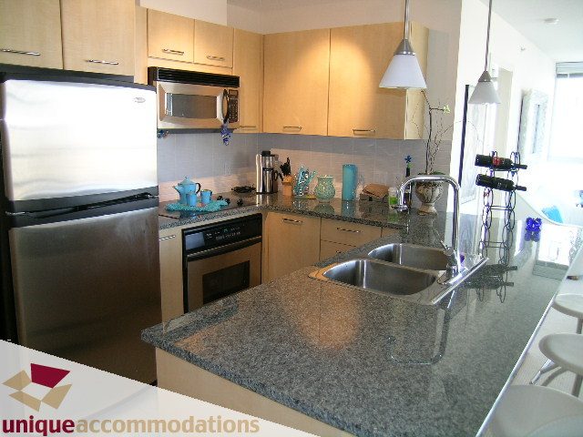 Bright kitchen with granite countertops, stainless steel appliances, and modern decor. - 1904 - 1199 Seymour Street, Vancouver Downtown