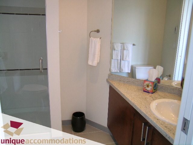 Furnished bathroom with granite countertops and a glass shower. - 411 - 2055 Yukon Street, Vancouver West Side
