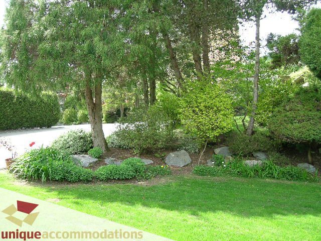 Lush garden with vibrant greenery and a stone pathway leading to the house. - 94 Bonnymuir Drive, West Vancouver
