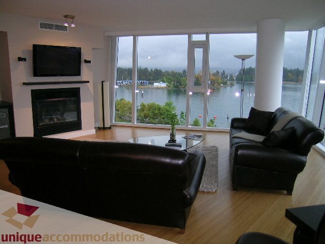 Spacious living room with a cozy fireplace, large windows offering a serene city view, and modern furnishings.