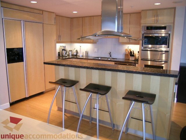 Modern kitchen with granite countertops, stainless steel appliances, and hardwood floors. - 602 - 1233 West Cordova Street, Vancouver Downtown
