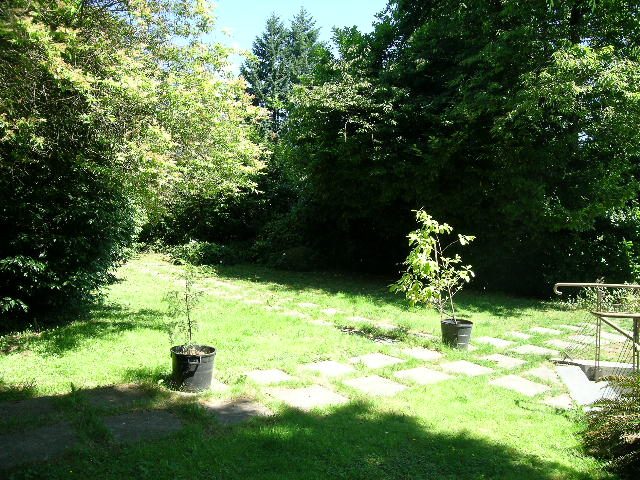 Spacious backyard with stone patio, lush greenery, and a tranquil setting. - 947 Huntingdon Crescent, North Vancouver