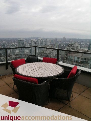 Furnished balcony with city view and outdoor seating. - PH2 - 969 Richards Street, Vancouver Downtown