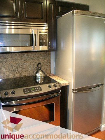 Modern kitchen with granite countertops, stainless steel appliances, and hardwood floors. - 306 - 588 Broughton Street, Vancouver Downtown