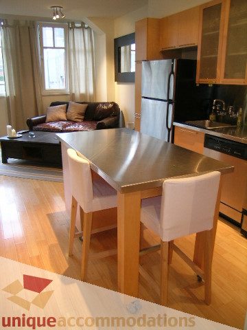Furnished kitchen with stainless steel countertops and hardwood floors. - 503-1072 Hamilton St., Vancouver Downtown