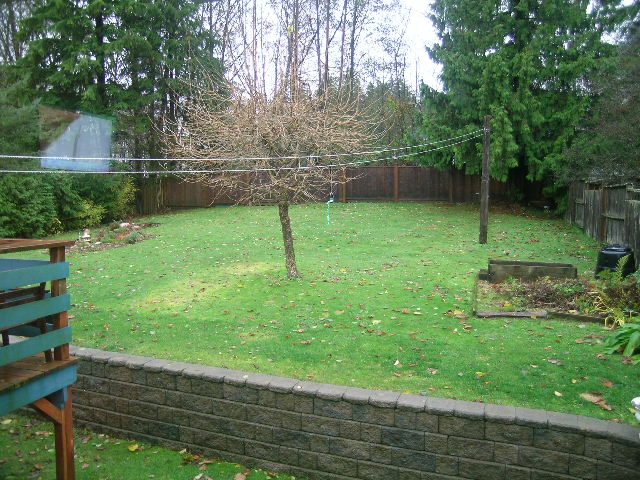Backyard with grass, trees, and a brick wall. - 433 Fairway Drive, North Vancouver