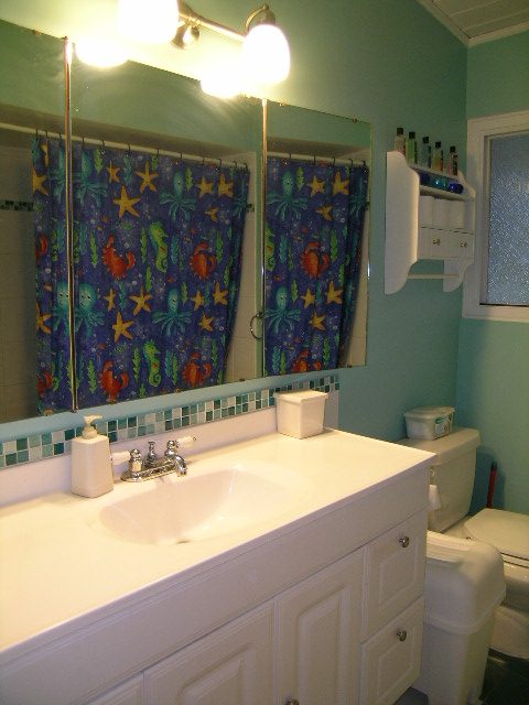 Bright bathroom with white countertop, blue ocean-themed shower curtain, and wall-mounted shelves. - 433 Fairway Drive, North Vancouver