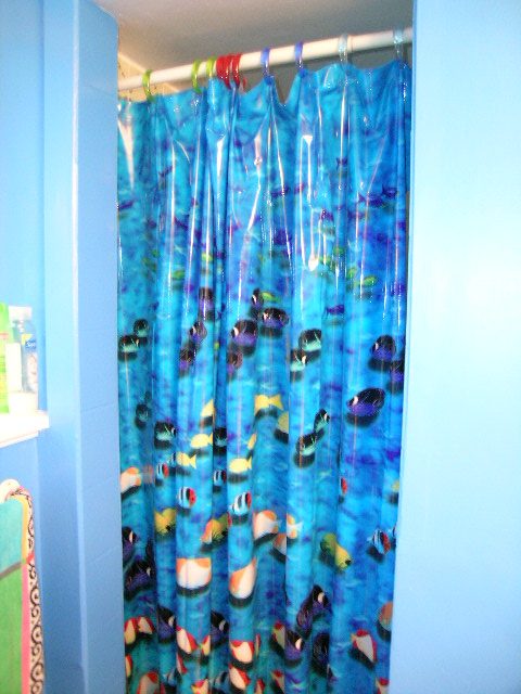 Shower with blue fish-themed curtain, light blue walls. - 433 Fairway Drive, North Vancouver