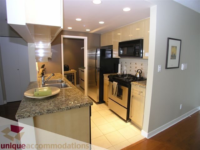 Modern kitchen with granite countertops, stainless steel appliances, and hardwood floors. - 1008 - 1408 Strathmore Mews, Vancouver Downtown