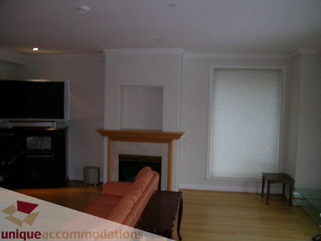 Spacious living room with hardwood floors, modern fireplace, and large windows. - 1659 Langton Place, West Vancouver