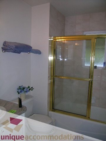 Furnished bathroom with gold-framed shower and granite countertop. - 1659 Langton Place, West Vancouver
