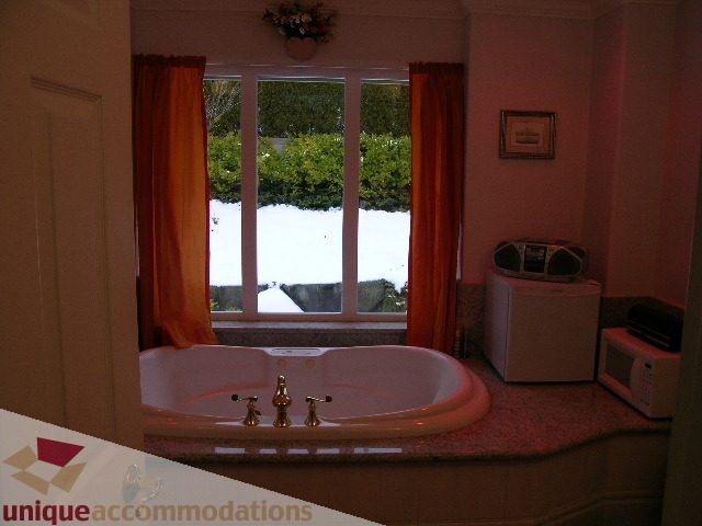 Bright bathroom with large window, view of snow-covered trees, and granite countertop. - 1659 Langton Place, West Vancouver