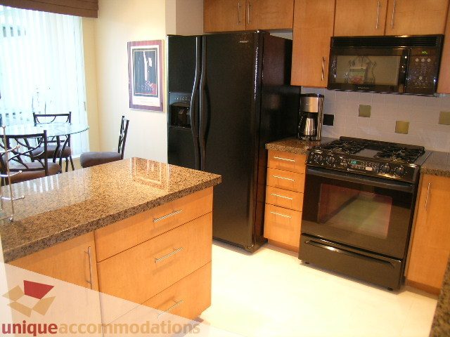 Bright kitchen with granite countertops, stainless steel appliances, and wooden cabinets. - 305 - 1030 Quebec Street, Vancouver Downtown