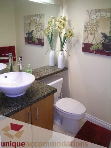 Furnished bathroom with granite countertops and a red rug. - 305 - 1030 Quebec Street, Vancouver Downtown