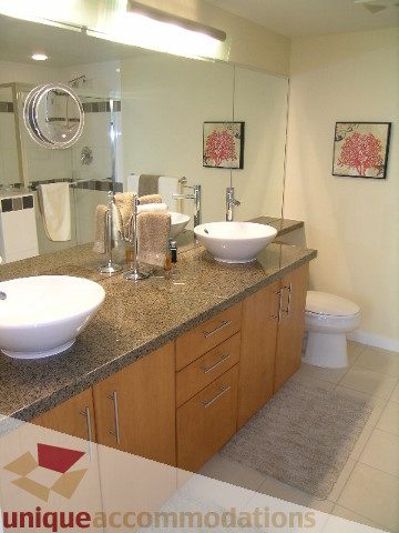 Spacious bathroom with granite countertops and modern sink. - 305 - 1030 Quebec Street, Vancouver Downtown