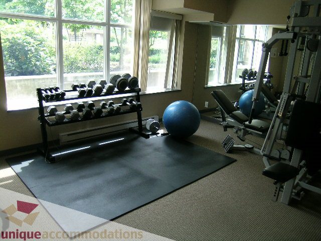 Bright and spacious gym with large windows, exercise equipment, and a view of greenery outside. - 305 - 1030 Quebec Street, Vancouver Downtown