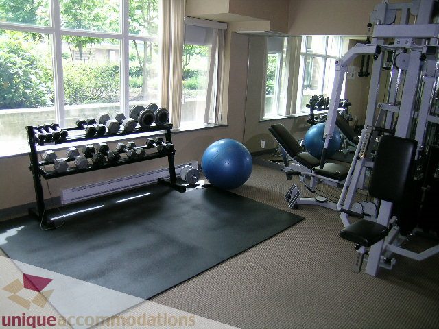 Bright and spacious gym with exercise balls and weight racks, large windows offering a view. - 305 - 1030 Quebec Street, Vancouver Downtown
