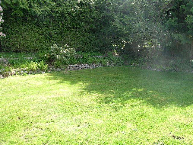 Spacious backyard with lush green grass and stone border, perfect for relaxation. - 660 Blueridge Ave, North Vancouver