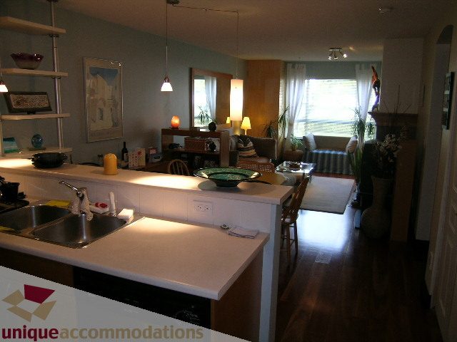 Furnished kitchen with white countertops and hardwood floors, leading to a cozy living area with a sofa and large windows.