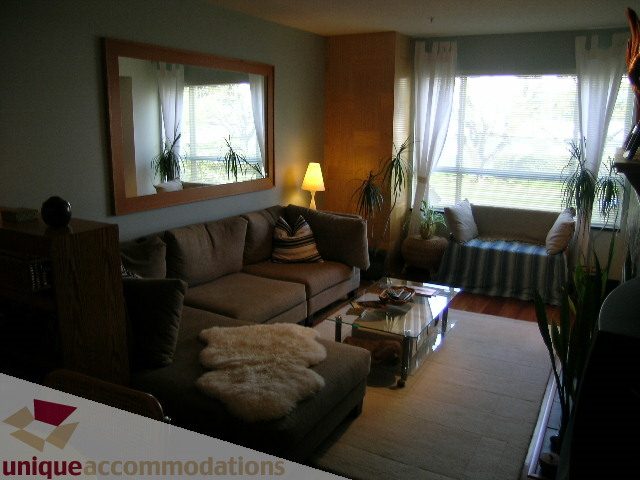Furnished living room with cozy seating, large mirror, and natural light from windows. - 201-365 E 1st Ave, North Vancouver