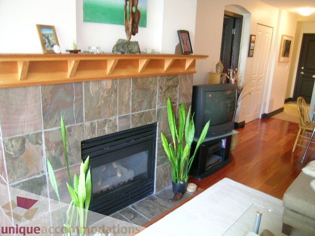 Furnished living room with stone fireplace, hardwood floors, and a cozy corner. - 201-365 E 1st Ave, North Vancouver