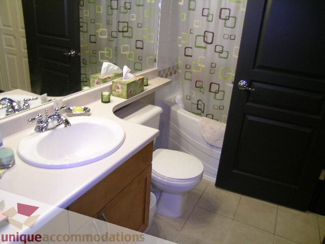 Furnished bathroom with white sink, countertop, and patterned shower curtain. - 201-365 E 1st Ave, North Vancouver